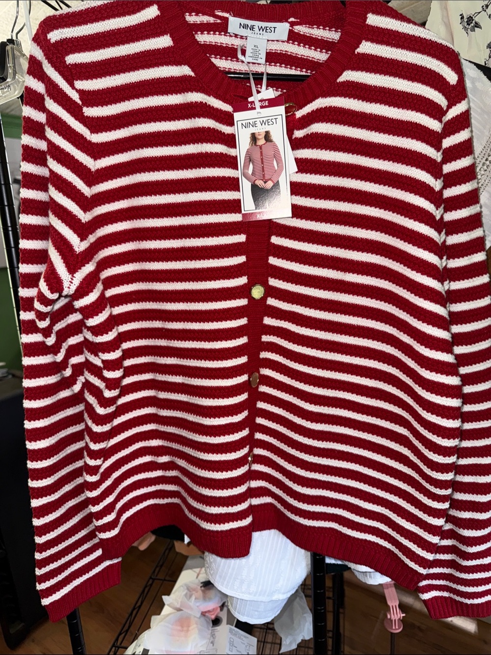 Nine West Red and White Striped Button-Front Cardigan